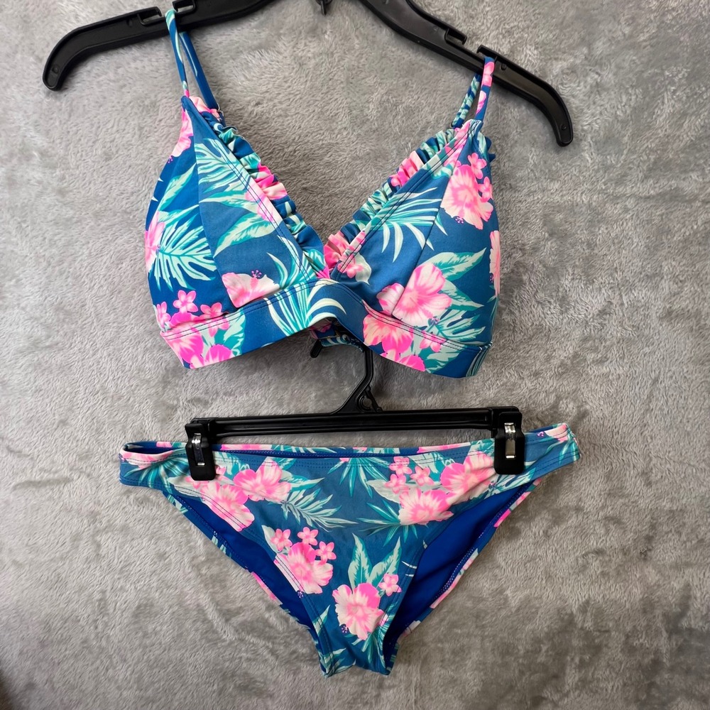 Cabana del Sol Womens Large Blue Pink Tropical Floral Ruffle Bikini Swimsuit Set